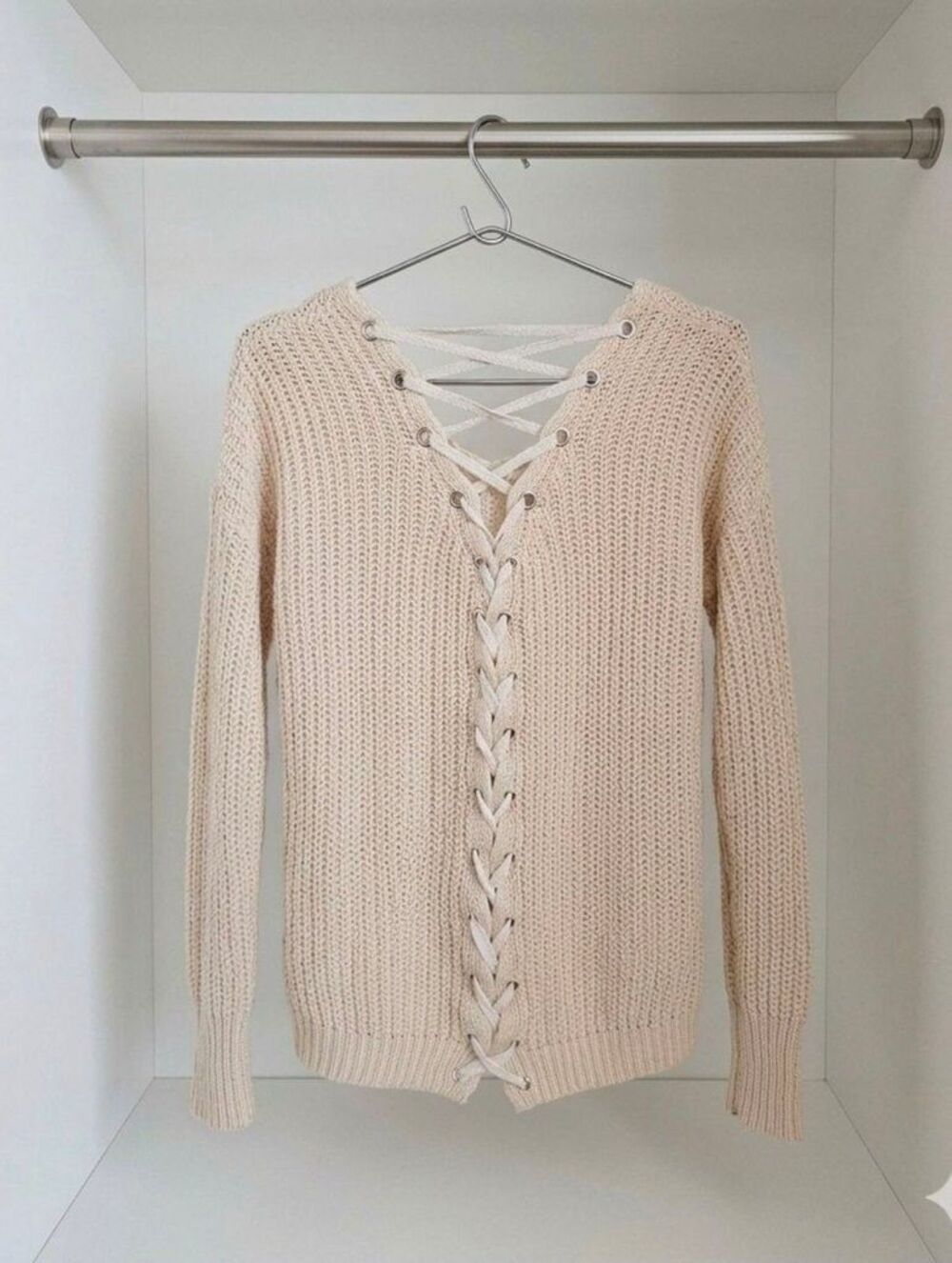 American Rag Cie Cream Lace-Up Back V-Neck Knit Sweater- Small